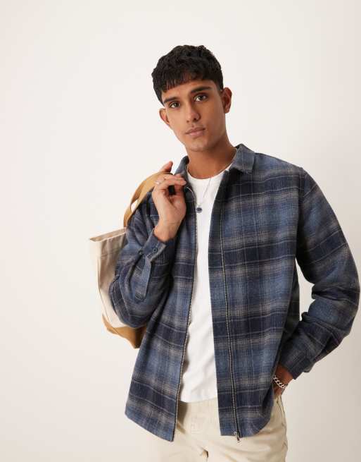 ASOS DESIGN – Zapinana na suwak szczotkowana koszula wierzchnia w niebieską kratkę