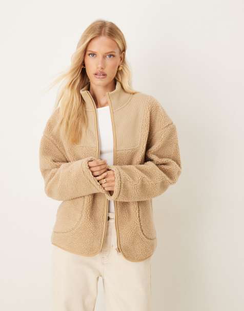ASOS DESIGN zip through borg fleece and knit mix jacket in tonal beige