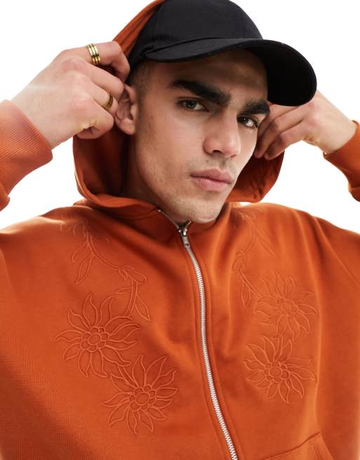 ASOS DESIGN – Zapinana na zamek brązowa bluza oversize z kapturem i haftowanym kwiatowym wzorem