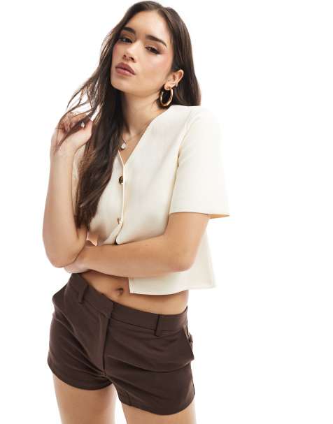 ASOS DESIGN knitted half sleeve waistcoat with gold buttons in ecru