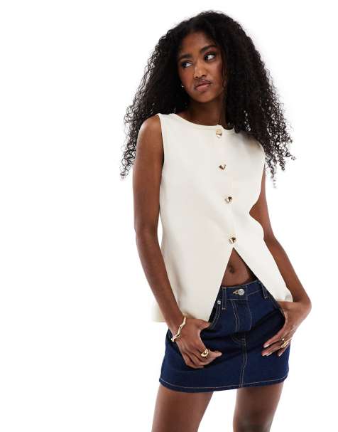 ASOS DESIGN knitted button front waistcoat with gold buttons in ecru