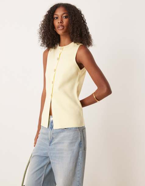 ASOS DESIGN knitted crew neck structured waistcoat with gold buttons in buttermilk