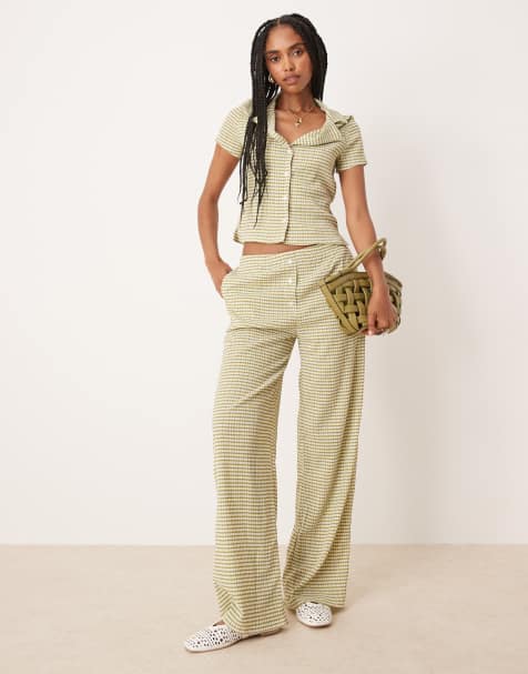 ASOS DESIGN button detail wide leg trouser co-ord in green gingham