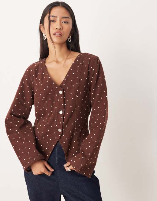 ASOS DESIGN – Zapinany na guziki brązowy jeansowy top w drobne groszki z długimi rękawami