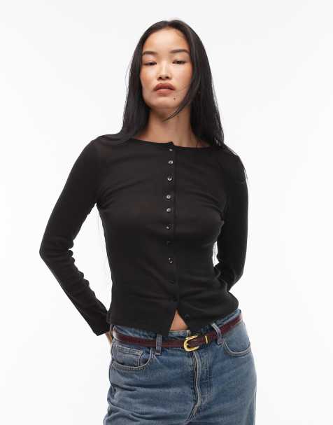 ASOS DESIGN button through long sleeve top in black