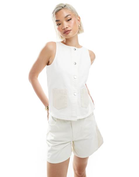ASOS DESIGN denim button down tank top with contrast pockets co-ord