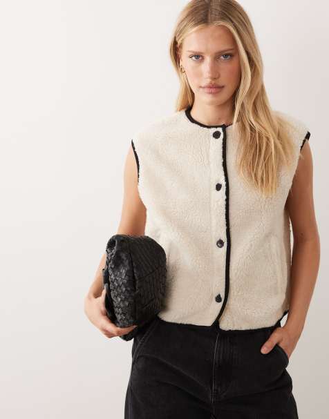 ASOS DESIGN borg fleece button through gilet with contrast binding in cream