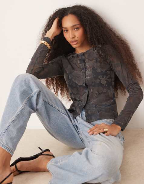 ASOS DESIGN shrunken flock floral mesh button through sheer top in petrol blue