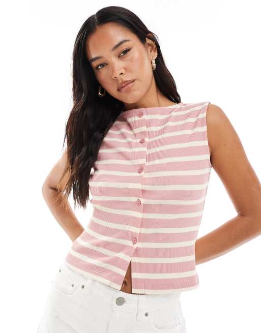 ASOS DESIGN – Zapinany na guziki top bez rękawów, w kolorze zgaszonego różu, w paski