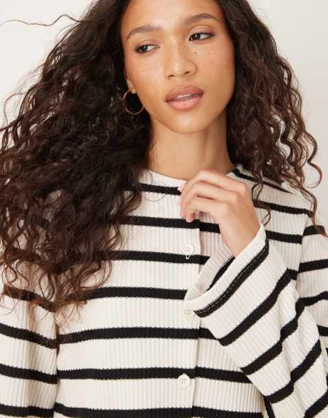 ASOS DESIGN cut and sew stripe button through long sleeve top in ecru
