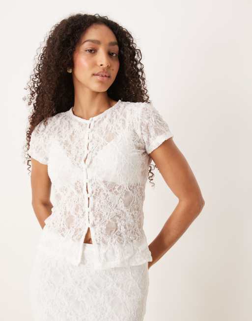ASOS DESIGN – Zapinany na guziki top z krótkim rękawem z teksturowanej koronki w kolorze kości słoniowej, część zestawu