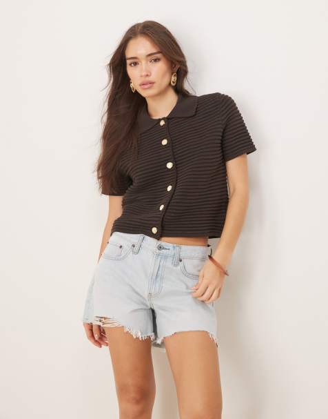 ASOS DESIGN short sleeve stitch cardigan with shell buttons in chocolate