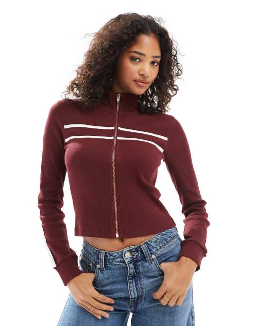 ASOS DESIGN – Zapinany na suwak dopasowany bordowy top z kontrastowymi paskami