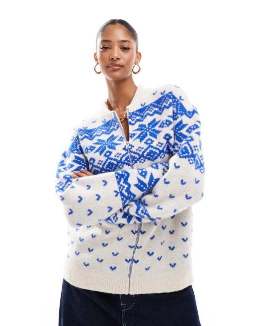 ASOS DESIGN – Zapinany na suwak dzianinowy kardigan z kołnierzem w kremowo-niebieski wzór skandynawski