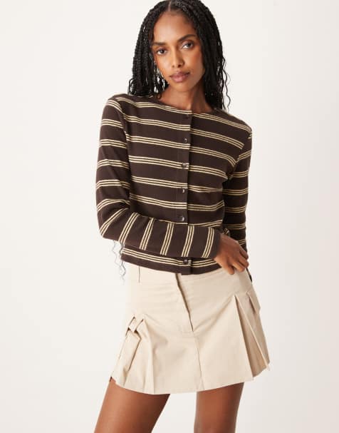 ASOS DESIGN brushed stripe button through top in brown stripe