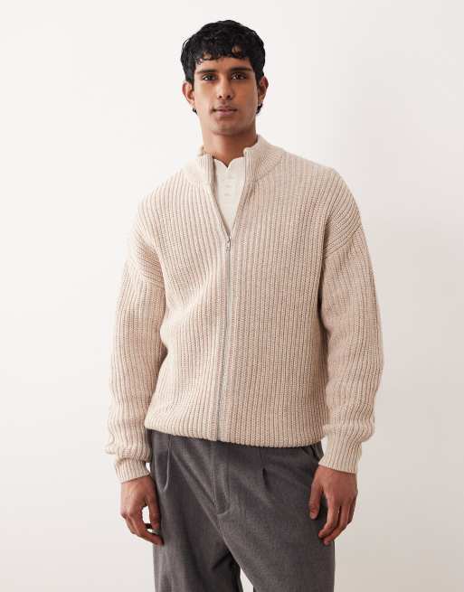 ASOS DESIGN – Zapinany na zamek beżowy melanżowy dzianinowy kardigan oversize z wysokim kołnierzem zapinanym na zamek