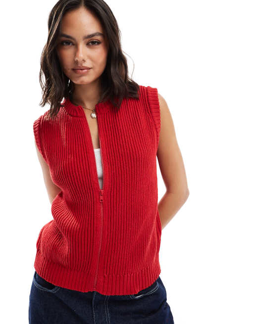 ASOS DESIGN – Zapinany na zamek dzianinowy podkoszulek bez rękawów w czerwonym kolorze
