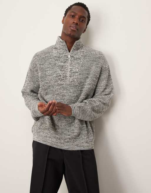 ASOS DESIGN – Zapinany na zamek pod szyją szary prążkowany sweter oversize z dzianiny o splocie angielskim