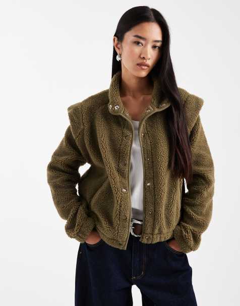 ASOS DESIGN sharp shoulder zip through borg fleece in beech green