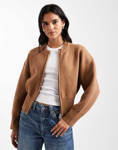 ASOS DESIGN knitted clean zip through jumper in toffee