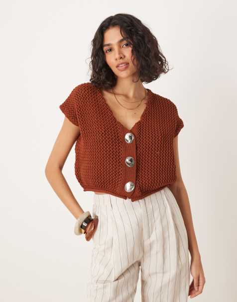 ASOS DESIGN knitted chunky stitch v neck tank with gold buttons in brown