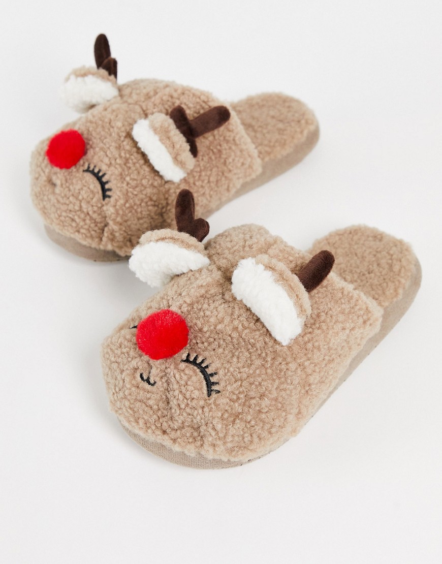 ASOS DESIGN Zarina reindeer slider slippers in brown