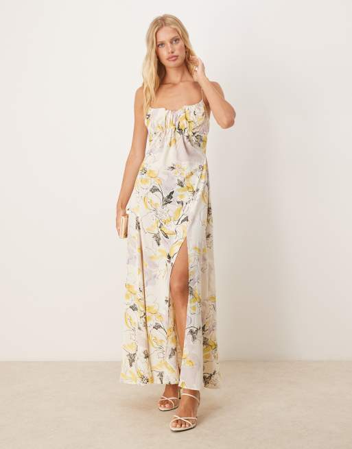 ASOS DESIGN – Zbierana na biuście sukienka midi ze skrzyżowanymi na plecach ramiączkami w żółty kwiatowy wzór