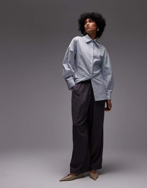 ASOS DESIGN – Zbierana w talii koszula z balonowymi rękawami w niebieskie paski - view 1