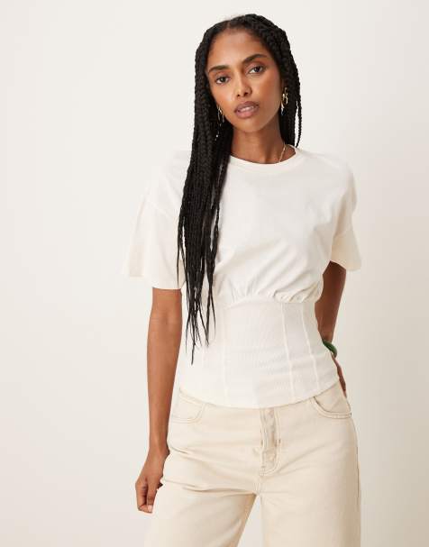 ASOS DESIGN cinched waist gathered top in ivory
