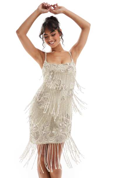 ASOS DESIGN scoop neck crochet fringe embellished mini dress with asymmetric hem in cream