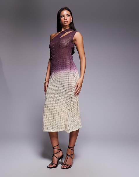 ASOS DESIGN diamante embellished crochet slash shoulder midi dress in pink ombre print