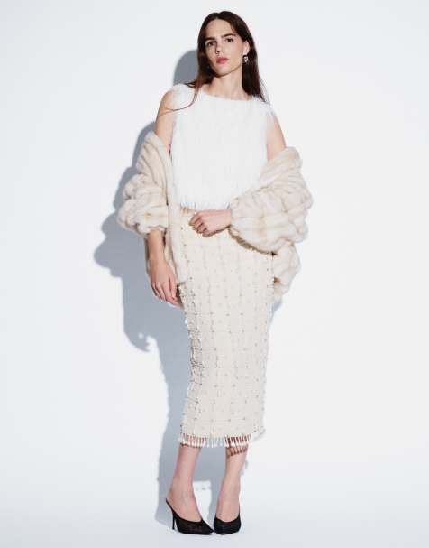 ASOS DESIGN embellished grid and bead fringe midi skirt in cream