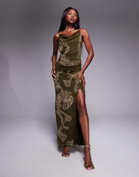 ASOS DESIGN draped skirt overlay maxi dress with dropped waist and embellishment in khaki