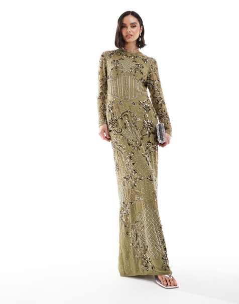 ASOS DESIGN – Zdobiona sukienka maxi z długim rękawem w kolorze khaki w kwiatowy wzór - view 1