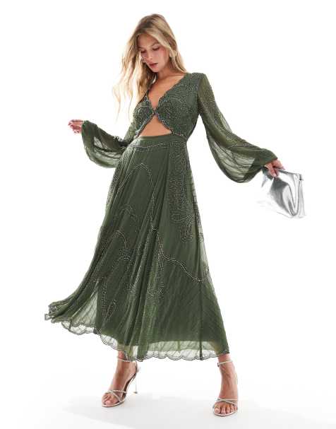 ASOS DESIGN – Zdobiona sukienka midi z wycięciem i długimi rękawami w ciemnym odcieniu khaki - view 1