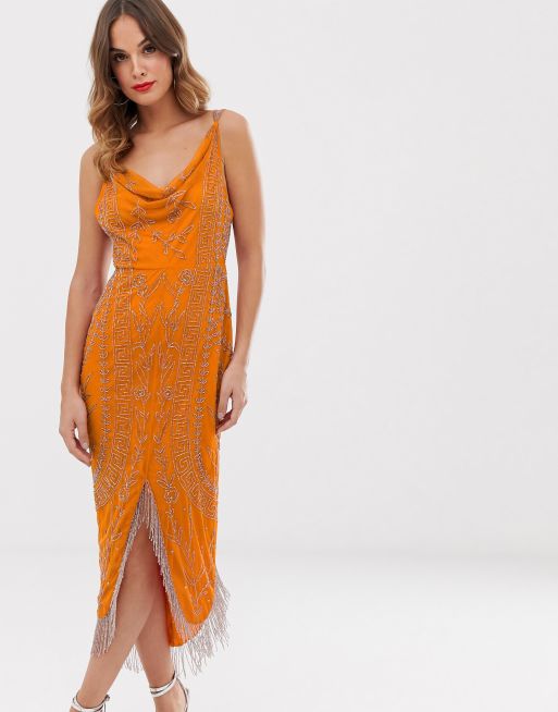 ASOS DESIGN –Zdobiona sukienka o średniej długości z dekoltem typu woda obszyta frędzlami