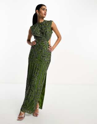 ASOS DESIGN – Zdobiona zielona sukienka maxi z zabudowanym dekoltem i wycięciem w talii