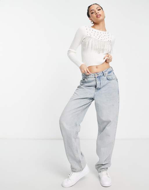 ASOS DESIGN – Zdobiony kryształkami i frędzlami kremowy sweter, 4 z 4