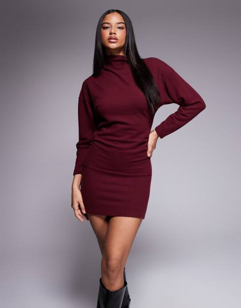 ASOS DESIGN cinched long sleeve grown on neck super soft mini dress in burgundy