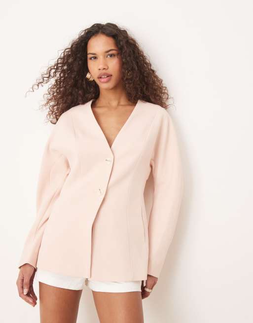 ASOS DESIGN – Zebrana w talii dopasowana teksturowana marynarka o lnianym wyglądzie w jasnoróżowym kolorze