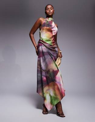 ASOS DESIGN – Zebrana w talii sukienka maxi z dekoltem typu halter w abstrakcyjny wzór - view 1