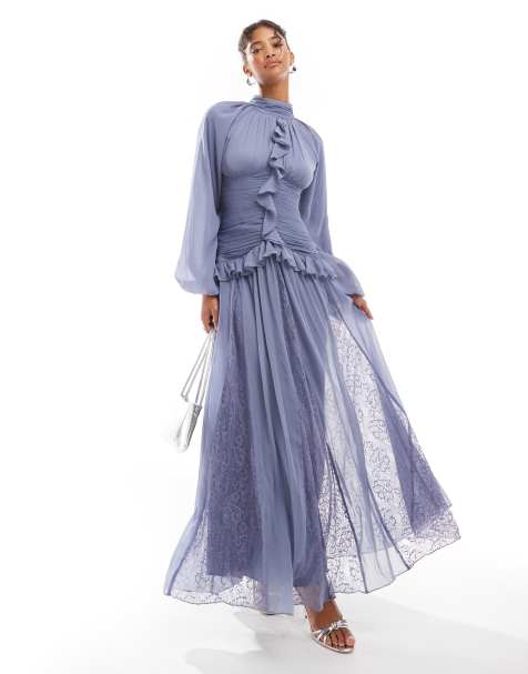 ASOS DESIGN waterfall ruffle gauged bodice maxi dress with lace godets in dusky blue