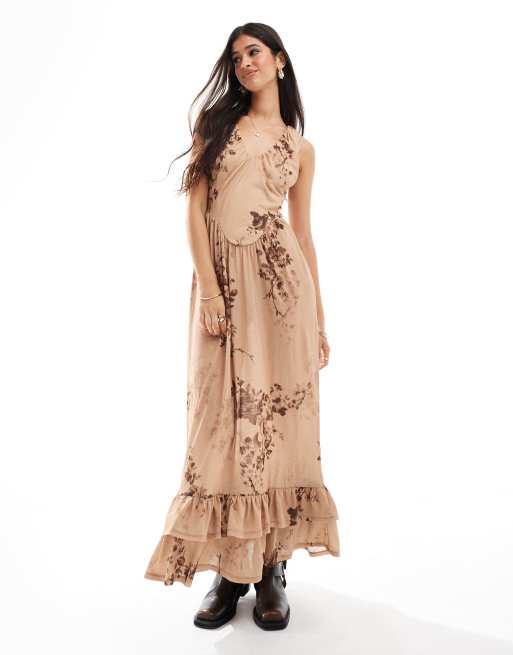 ASOS DESIGN – Zebrana w talii warstwowa sukienka midi z głębokim dekoltem we wzór w stylu boho
