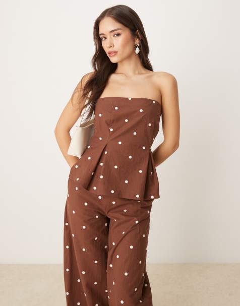 ASOS DESIGN linen blend cinch waist bandeau top in polka dot co ord