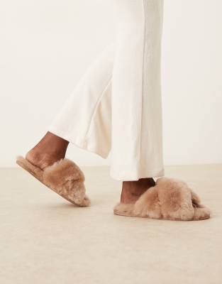 Asos Design Zee Premium Sheepskin Crossover Mules In Brown