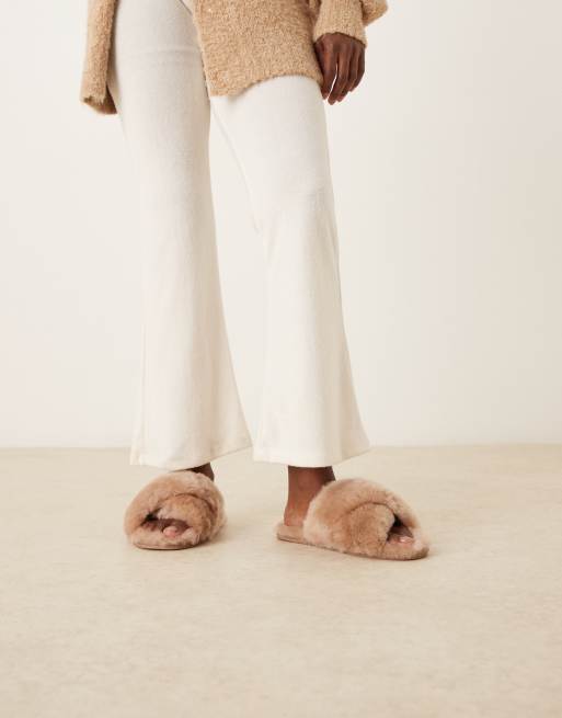 ASOS DESIGN Zee premium sheepskin crossover mules in mink