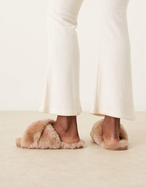 ASOS DESIGN Zee premium sheepskin crossover mules in mink