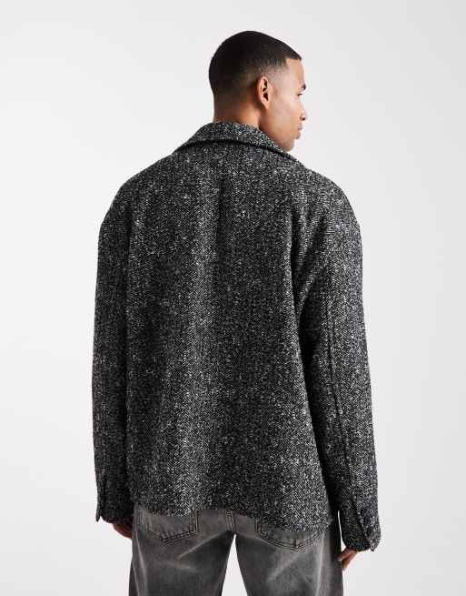 ASOS DESIGN - Zeemansjas met wollook en visgraatmotief in zwart, 3 van 5
