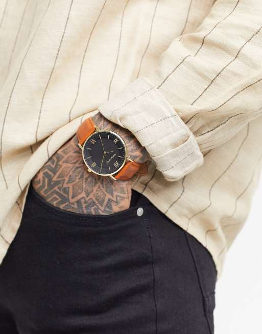 ASOS DESIGN – Zegarek z brązowym paskiem i złotą kopertą, 3 z 4