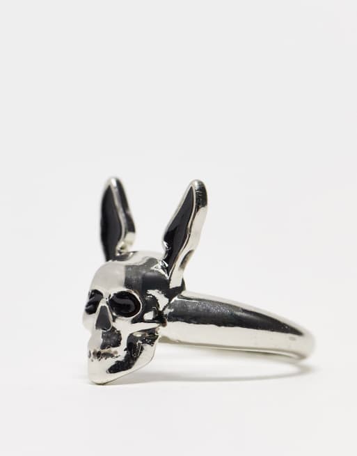 ASOS DESIGN - Zegelring met doodshoofd met konijnenoren in zilverkleur, 2 van 4